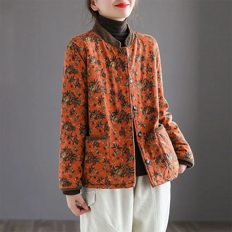 

New Arrival Autumn Arts Style Women Long Sleeve Single Breasted Loose Jackets Thicken Warm Vintage Print Cotton Coats V117