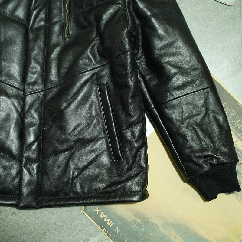 

Men Genuine Leather Down Jacket Winter Slim Short Casual Bomber Jacket Streetwear Stand Collar Black Cotton Outerwear Parkas