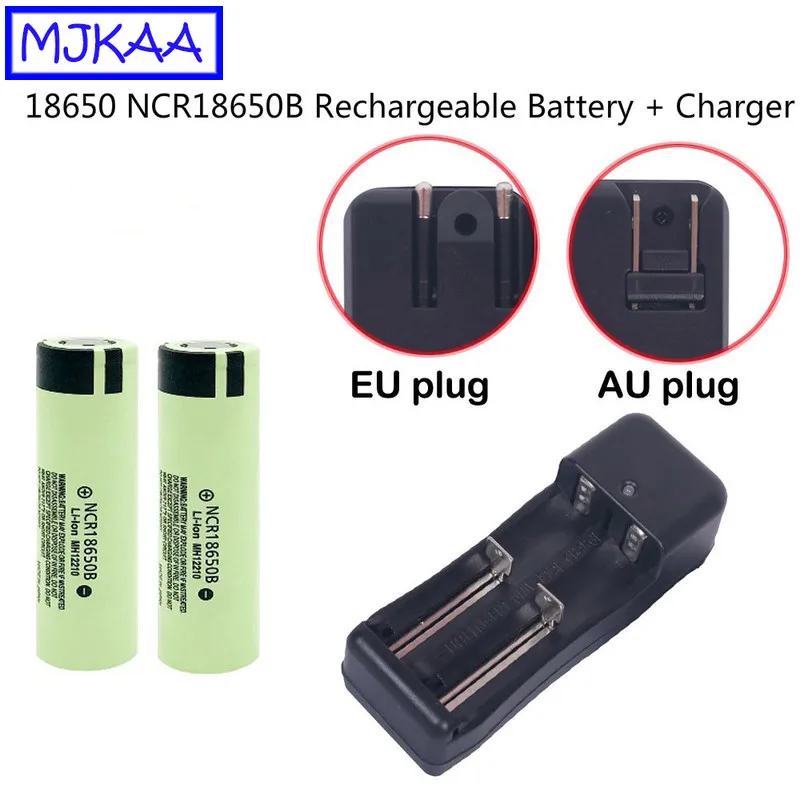 MJKAA 2 шт 18650 3400mAh 3 7 v литиевая NCR18650B Аккумуляторная батарея + зарядное устройство US AU