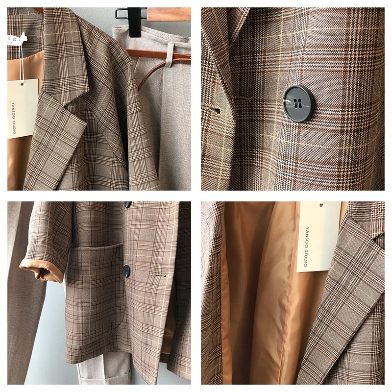 

2019 New Autumn Vintage Plaid Women Blazers Jackets Suits Loose Double Breasted Long Sleeve Outwear Female Blazers Coats Causal