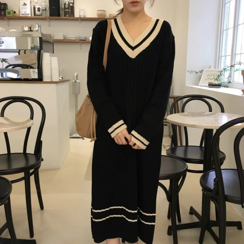 Women Autumn Winter Long Sweater Dress V Neck Patckwork Straight Vestidos Vintage Robe Pull Femme Sukienki Jurken Ropa Mujer | Женская