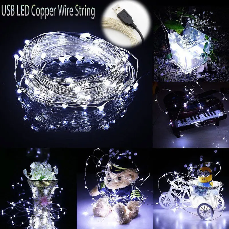 

1M/5M/10M Fairy Lights Silver Wire LED String Lights Christmas Garland Indoor Bedroom Home Wedding New Year Decor USB Powered