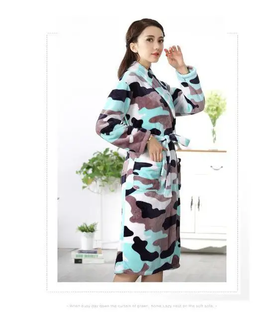 Men&women Coral Fleece Print Bow Robe Flannel Sleepwear Kimono Bathrobe Gown Winter Warm Thick Home Dressing Gown - Цвет: Women 13
