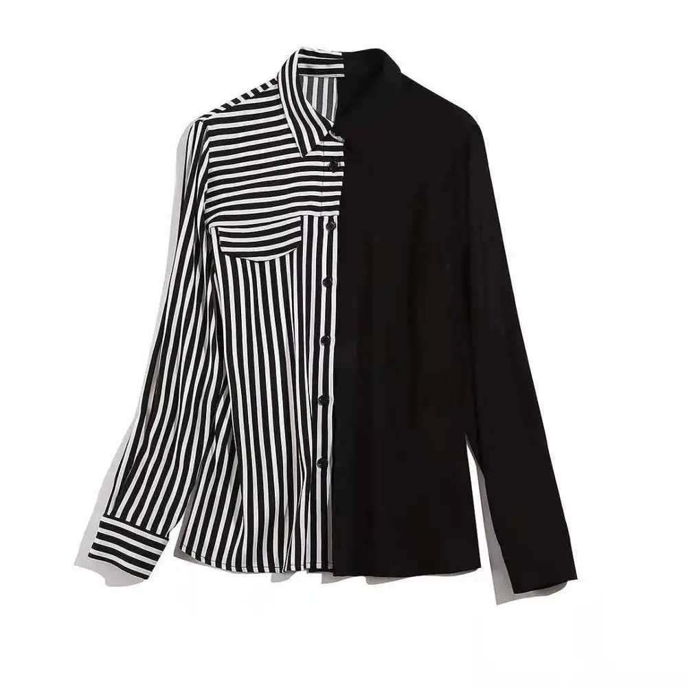 

European and American women's clothing 2021 The new spring Long sleeve Mosaic stripe print Fashion silk shirt