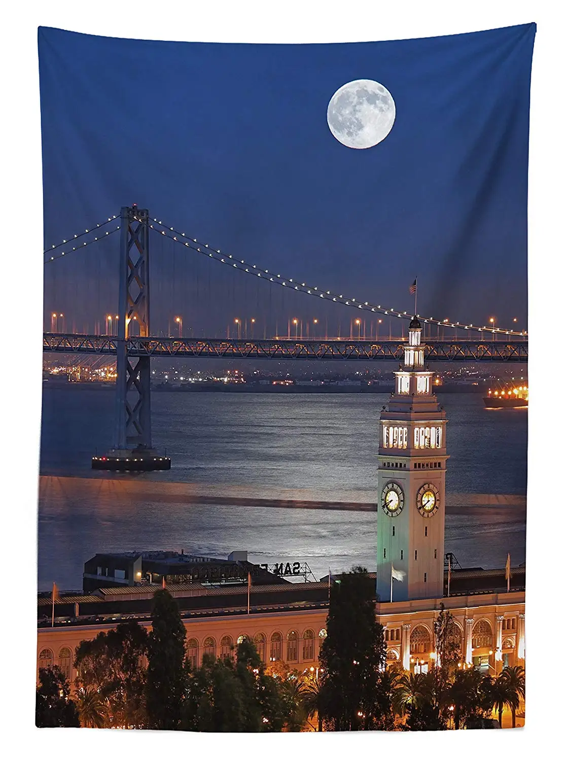 Квартира Декоративная скатерть Луна над паром здание мост пейзаж водного