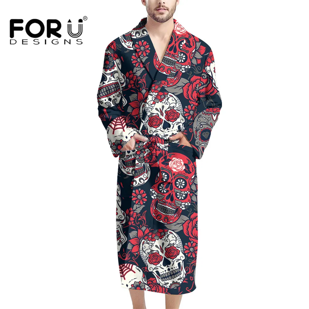 

FORUDESIGNS Red and white Sugar Skull Pattern Men's Kimono Robe Lightweight Lower Leg Length Sleepwear Shawl Collar Bathrobe