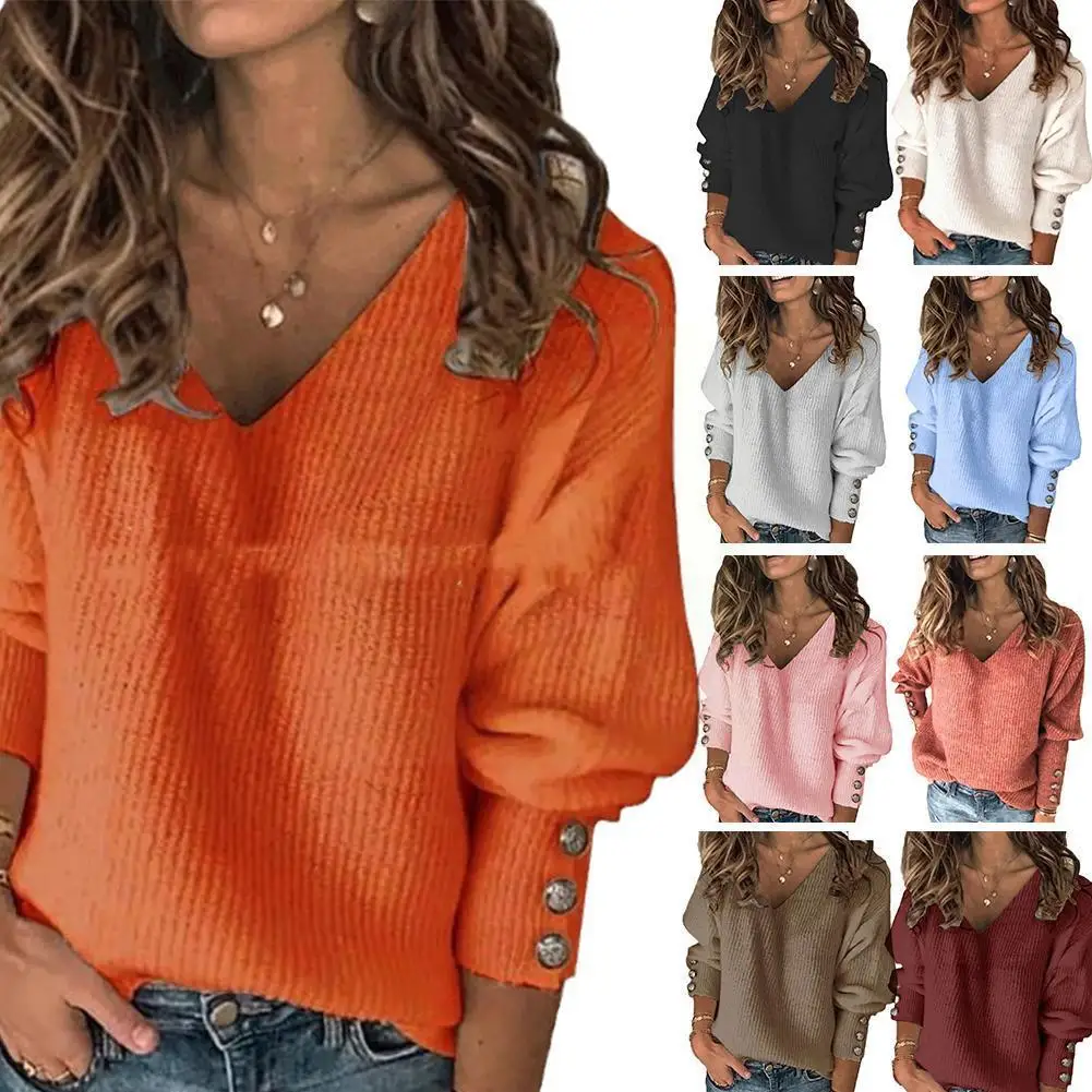 

Autumn Winter Fashion V-Neck Women Knitting Sweater Pullover Long Jumper Sweater Daily Wear Ladies Elegant Loose Sleeve Cas B5X8