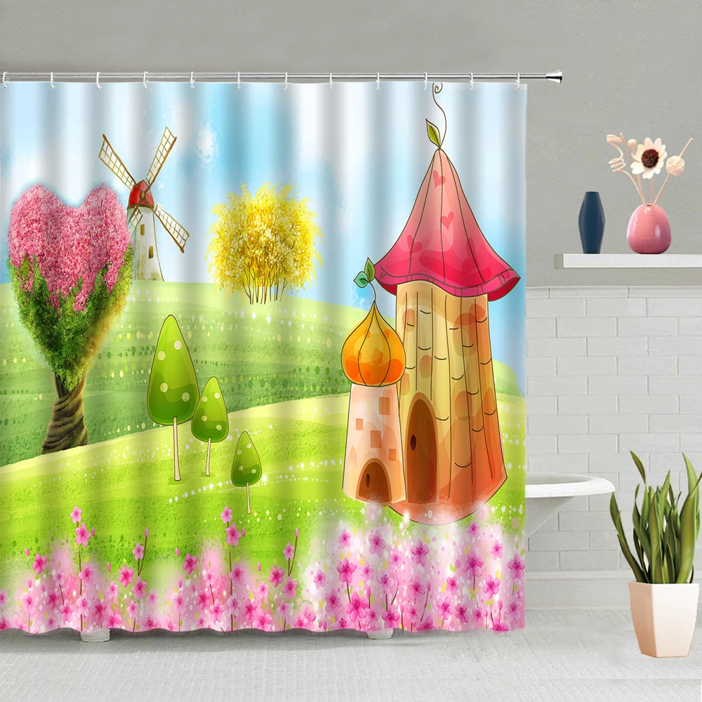 

Shower Curtains Windmill Pattern Sunflower Flower Butterfly Blue Sky White Cloud River Grassland Scenery Decoration With Hooks