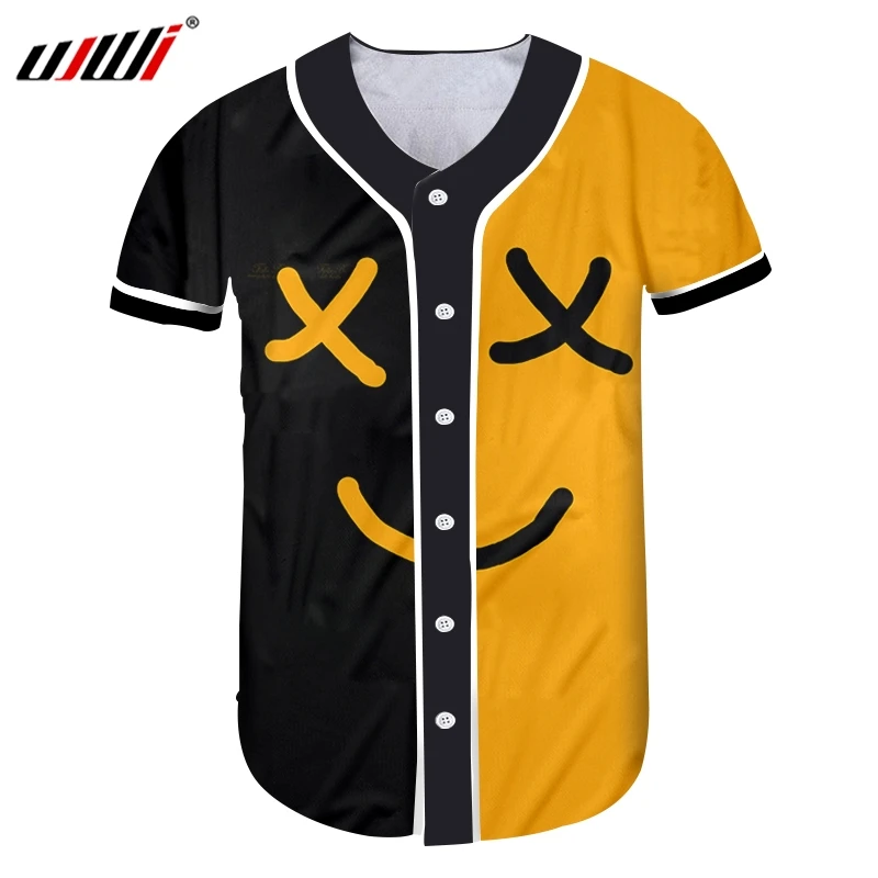 

UJWI 3D Printed Black Yellow Man Smiley Face Casual Baseball Shirt Expression Funny Tshirt Wholesale Mens Clothing Wholesale 5XL