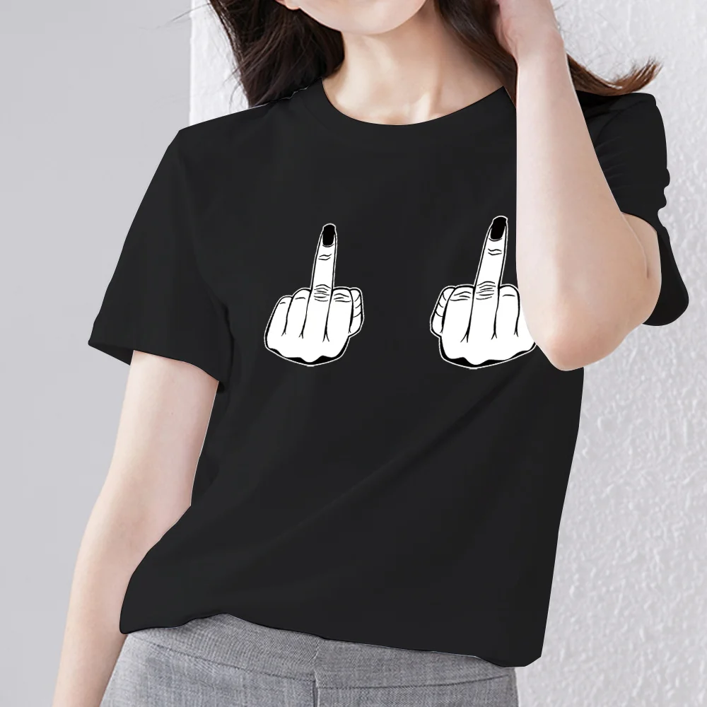 

T-shirt Trendy Women's Clothing Commuting Casual Personality White Hand Pattern Printing Black O-neck Sports Basic Short Sleeve