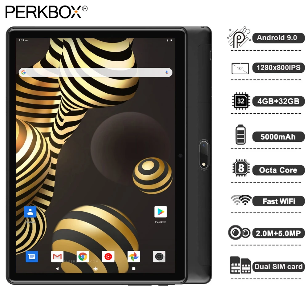 Планшет Perkbox 10 дюймов Восьмиядерный Wi Fi 4G FDD LTE ОС Android 9 0 4 Гб ОЗУ 32 ПЗУ Bluetooth Youtube