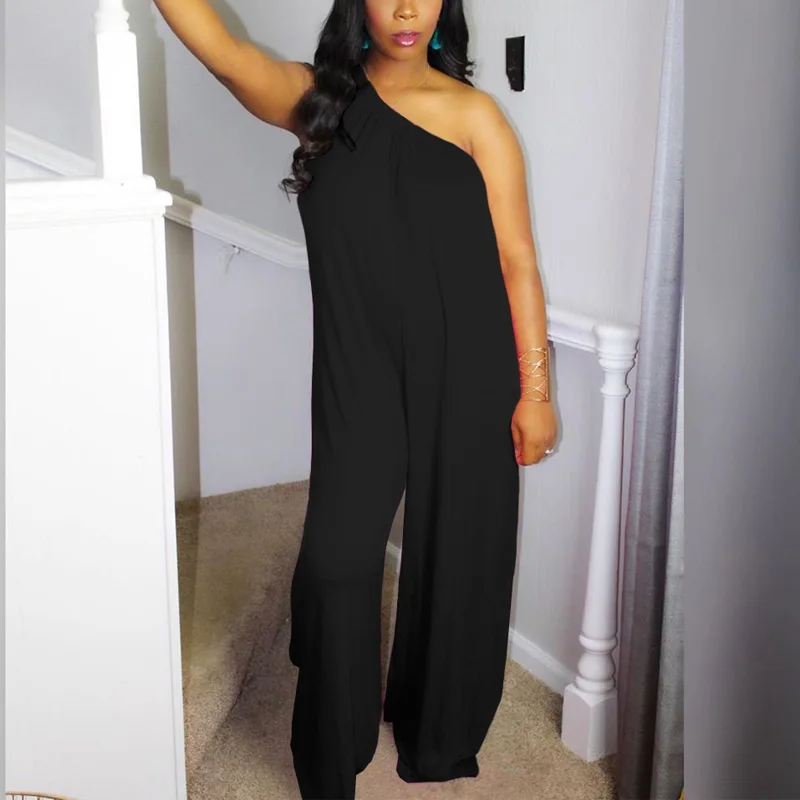 

One Shoulder Wide Leg Bodycon Women Jumpsuit Solid Color Chic Sleeveless Casual Plus Size Loose Overalls