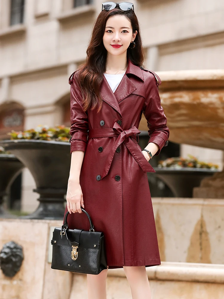 New Women Leather Trench Coat Spring Autumn 2022 Elegant Fashion Single Breasted Solid Slim Sheepskin Coat Leather Outerwear