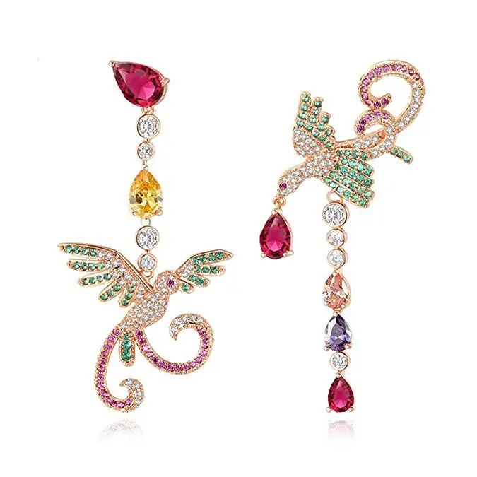 CZ розовое золото Асимметричные животные Феникс длинные висячие Висячие серьги