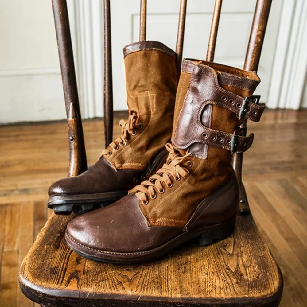 

Mens Shoes New Round Head Fashion Color Matching Belt Buckle Lace Thick Heel Casual Men's Short Boots Combat Boots Retro Classic