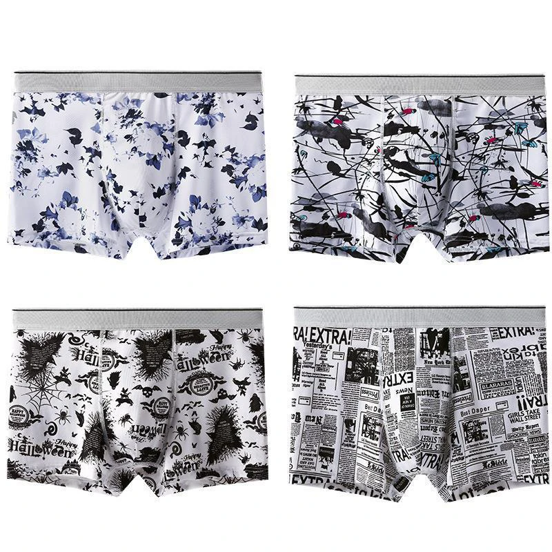8 Pcs/Lot New Men's Ice Silk Underwear Instant Drying Breathable Large Size Boxer Printing Ultra-Thin |