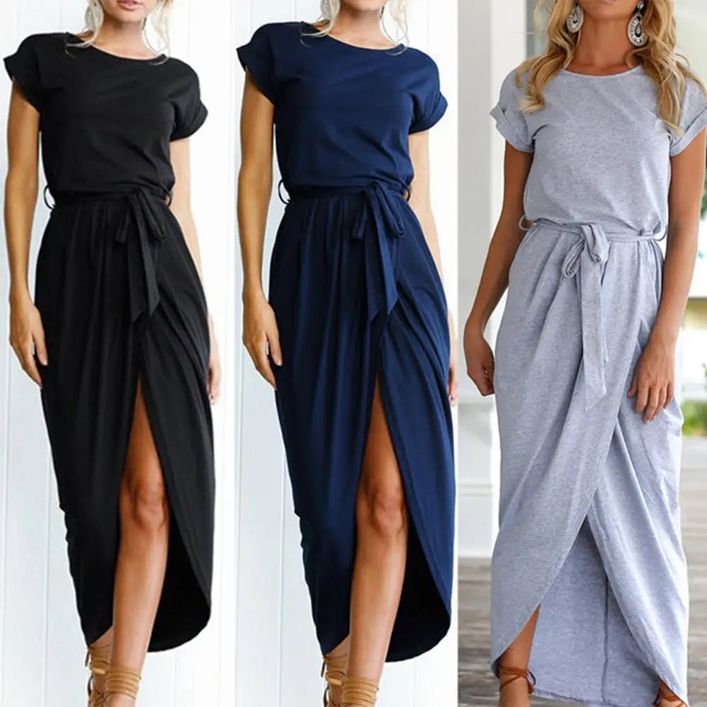 Женское однотонное платье с коротким рукавом трикотажное длинное пляжное