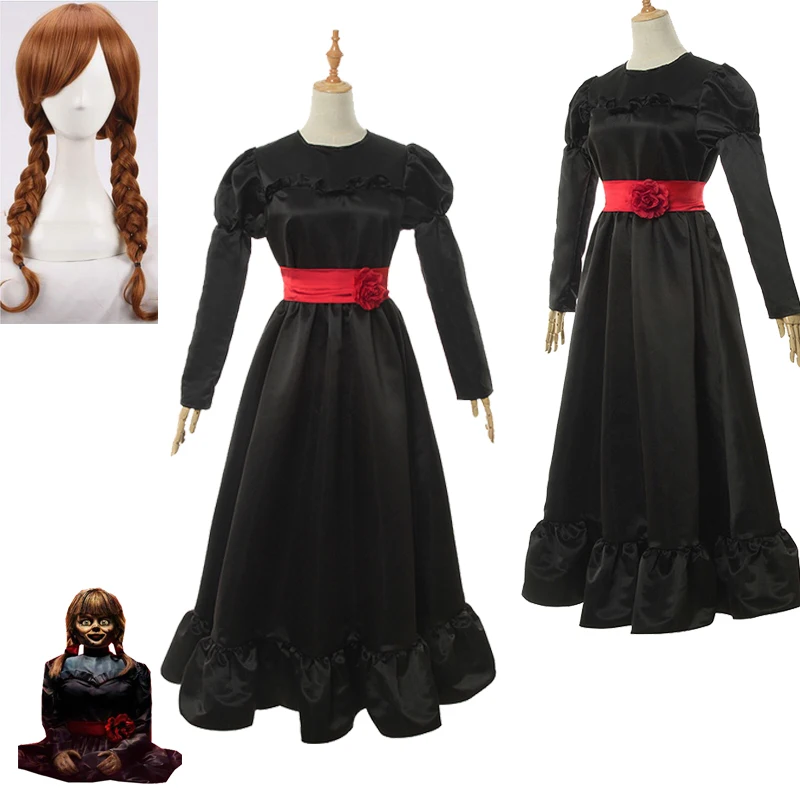 Призрак Кукла Аннабель Хэллоуин Косплей Костюм костюм женское черное платье