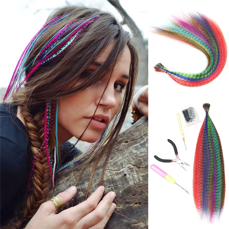 

20 Strands Colorful Rainbow Hair Tress for Girls Women Colored Synthetic False Strands of Feather Hair Extensions Cosplay Party