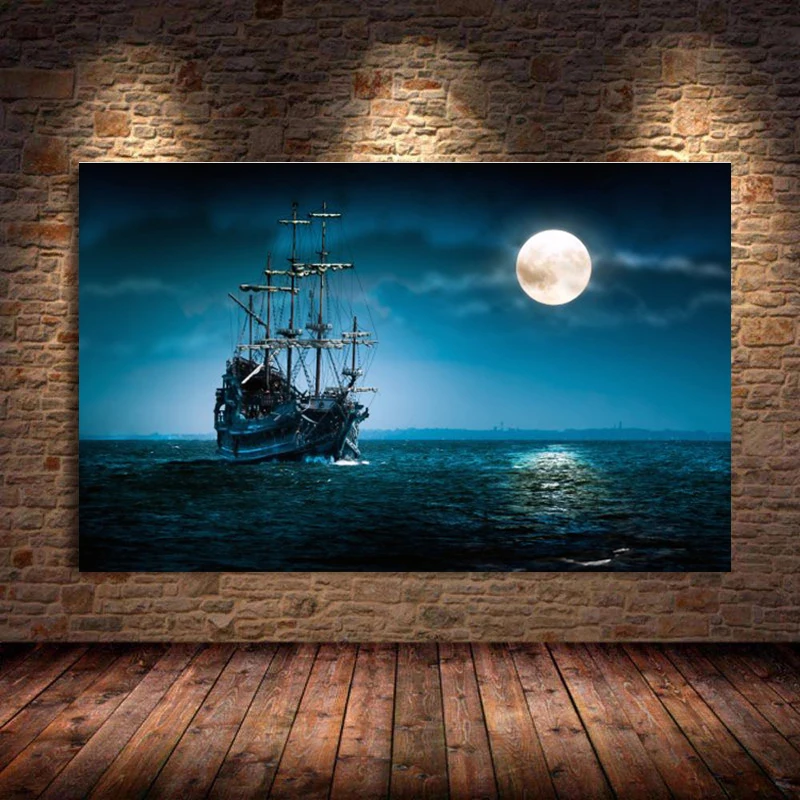 Винтажный Черный парусный корабль морской пейзаж пиратский холст картины