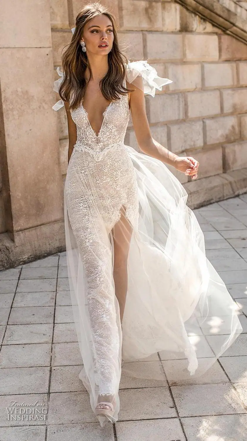 Berta Modern Lace Beach Wedding Dress Boho Plunge V Neck Sexy Fashion Open Back Bohemian Bridal Gowns 2019 Robe de mariee | Свадьбы и