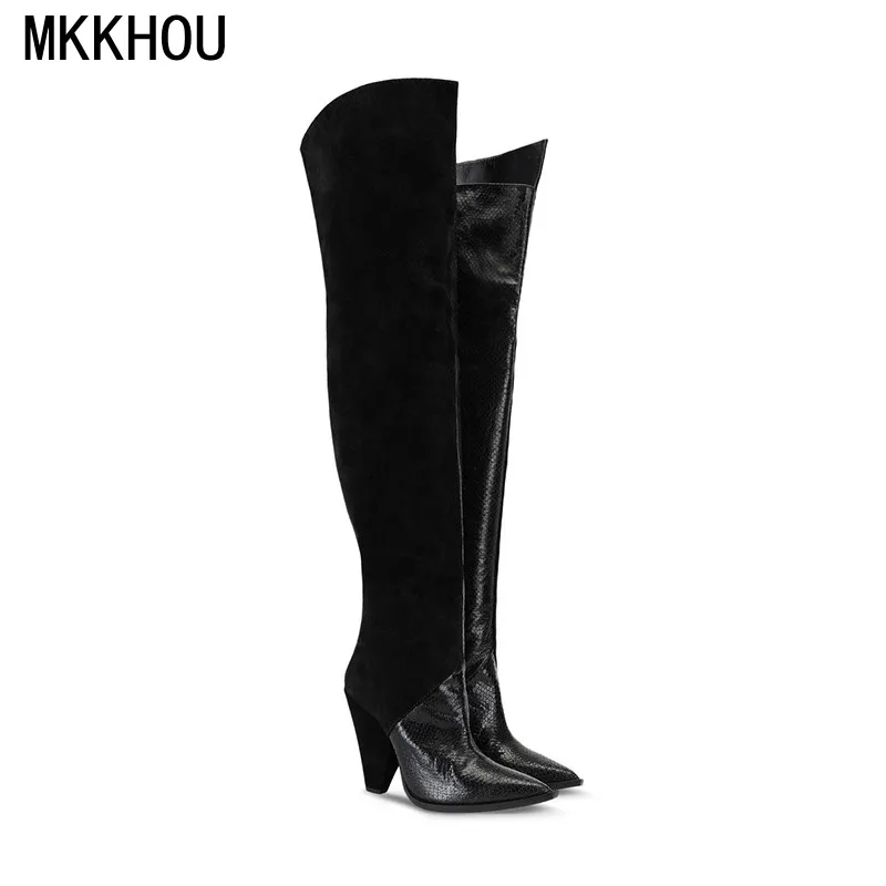 

MKKHOU Fashion Over-the-knee Boots Women's New Winter Boots Pointed Toe Stitching Tapered Heel 11cm High Heel Boots Long Boots