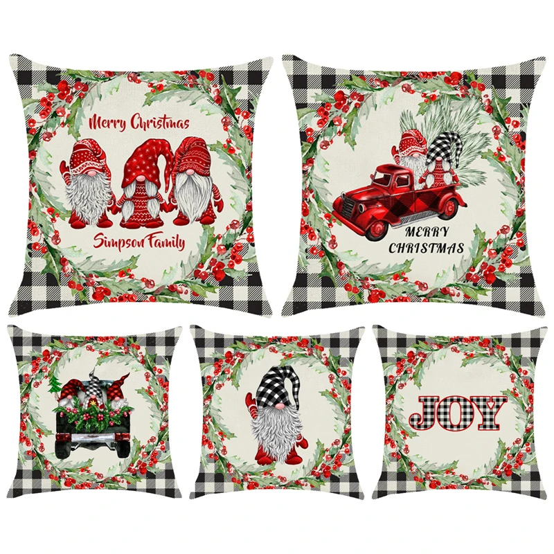 Диванная подушка с надписью &quotMerry Christmas&quot Декор для дома Дед Мороз клетчатая