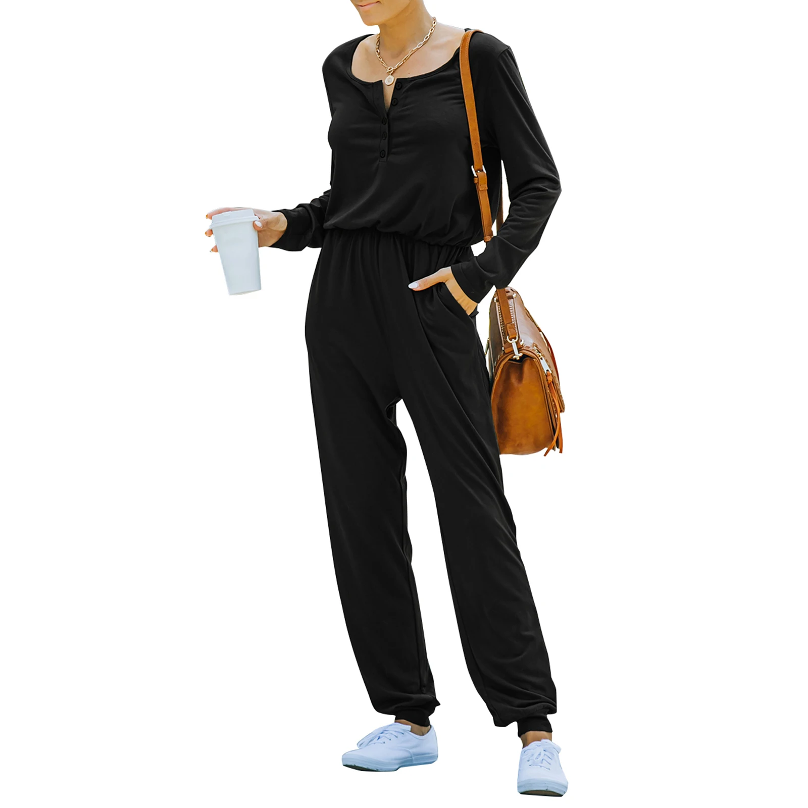 Женский комбинезон с карманами, однотонный комбинезон с V-образным вырезом и длинным рукавом, черный/темно-серый/темно-синий