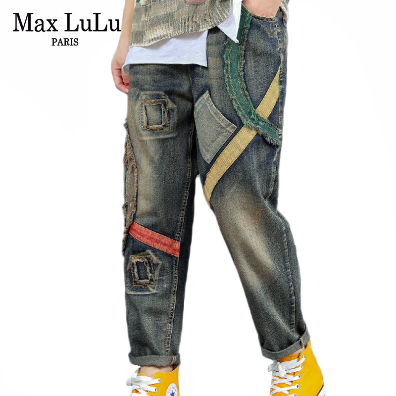 Max LuLu 2019 осенние модные корейские женские рваные джинсовые брюки полосатые