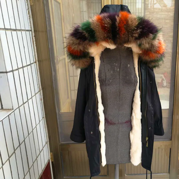 black with beige fur Oversive thikcer на натуральном меху куртки женская зимняя обувь длинноворсовый мех кролика съемная подкладка пальто из настоящего меха лисы с капюшоном с меховой опушкой, F10 - Цвет: black with beige fur