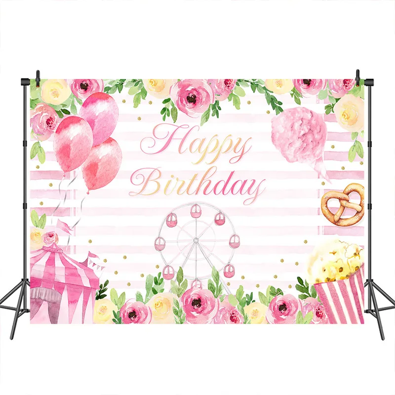 

Happy Birthday Backdrop for Photo Ferris wheel Flowers Photography Backdrops Children Birthday Party Background Banner Decor