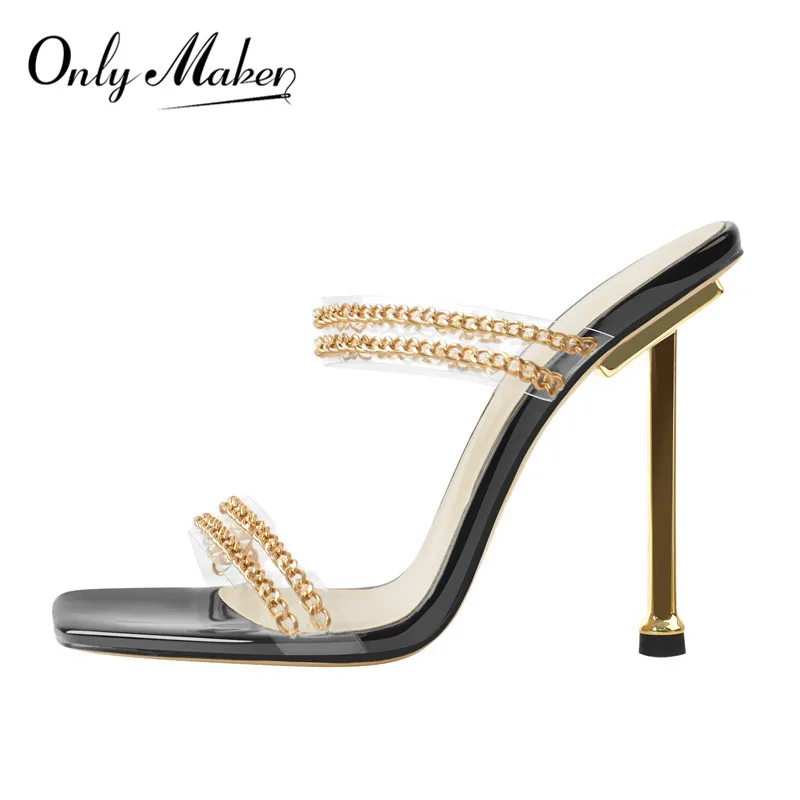 

Onlymaker Women's Square Toe Transparent PVC Golden Chain Mules Slip On Thin Metal High Sandals Fashion Big Size Sandals