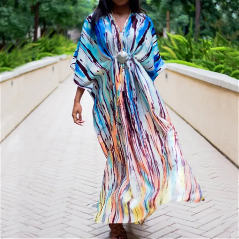 2020 Bohemian Printed Tropical Summer Beach Dress Muticolored Cotton Tunic Women Plus Size Beachwear Maxi Robe plage | Женская одежда