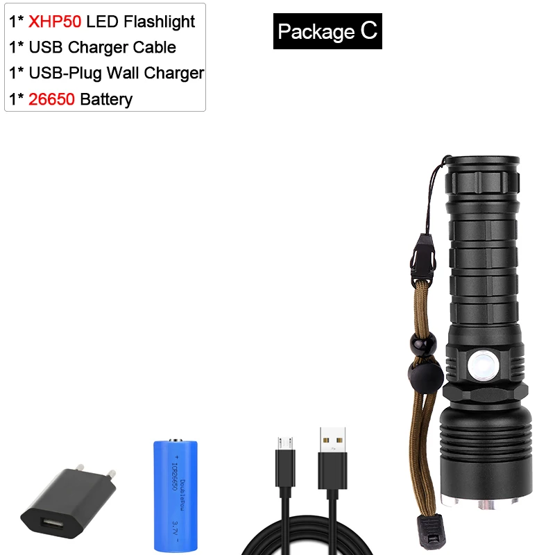Package C Мощный фонарик XHP70.2 Xlamp светодиодный фонарь XHP50 светодиодный фонарь Водонепроницаемый фонарь с увеличением с батареей 18650 - Испускаемый цвет: Package C