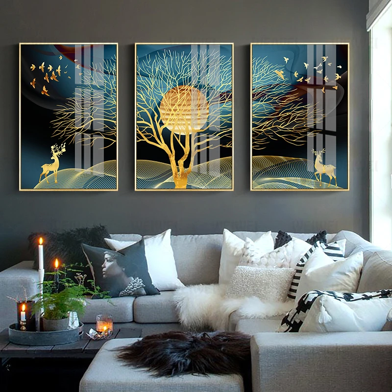 Настенная Картина на холсте с изображением золотого абстрактного оленя дерева