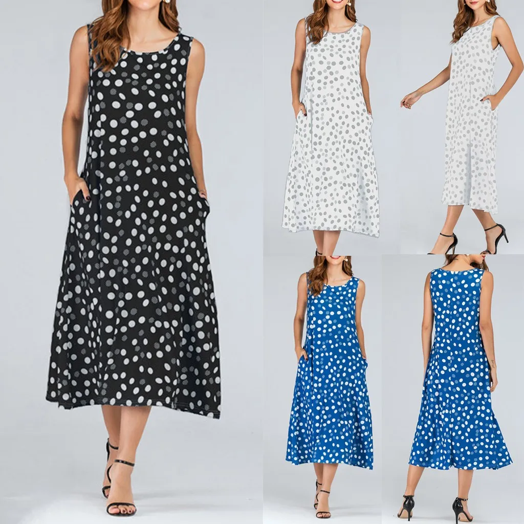 Женское длинное платье в горошек свободное повседневное праздничное до середины