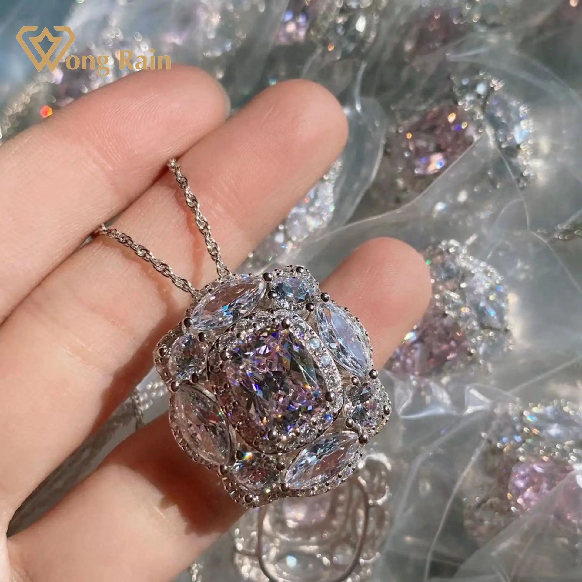 

Wong Rain Luxury 100% 925 Sterling Silver Pink Created Moissanite Gemstone Engagement Romantic Pendant Necklace Fine Jewelry