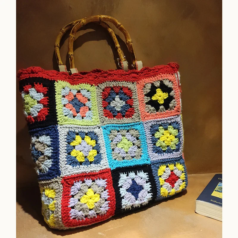 

Colorful Granny Square Bag with Bamboo Handles Vintage Rainbow Boho Crochet Handbag Handmade Purse Bag 70’ Style