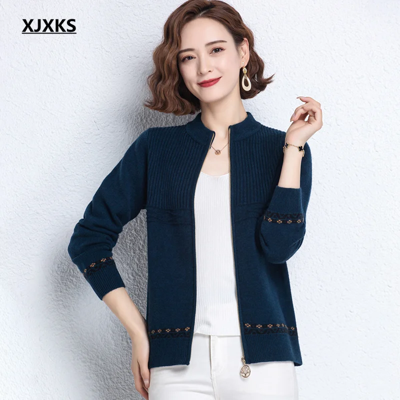

XJXKS High-end cashmere knitted sweater women jacket for autumn winter 2021 new zipper cardigan women sweater
