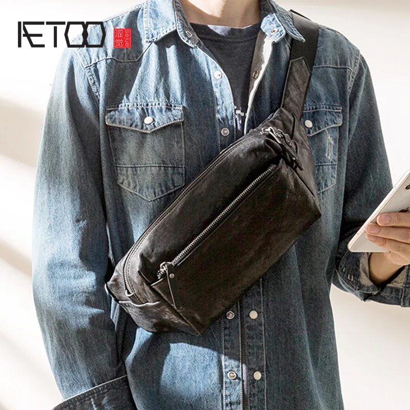 AETOO Casual leather chest bag, men s top layer leather crossbody bag, trendy all-match mobile phone bag