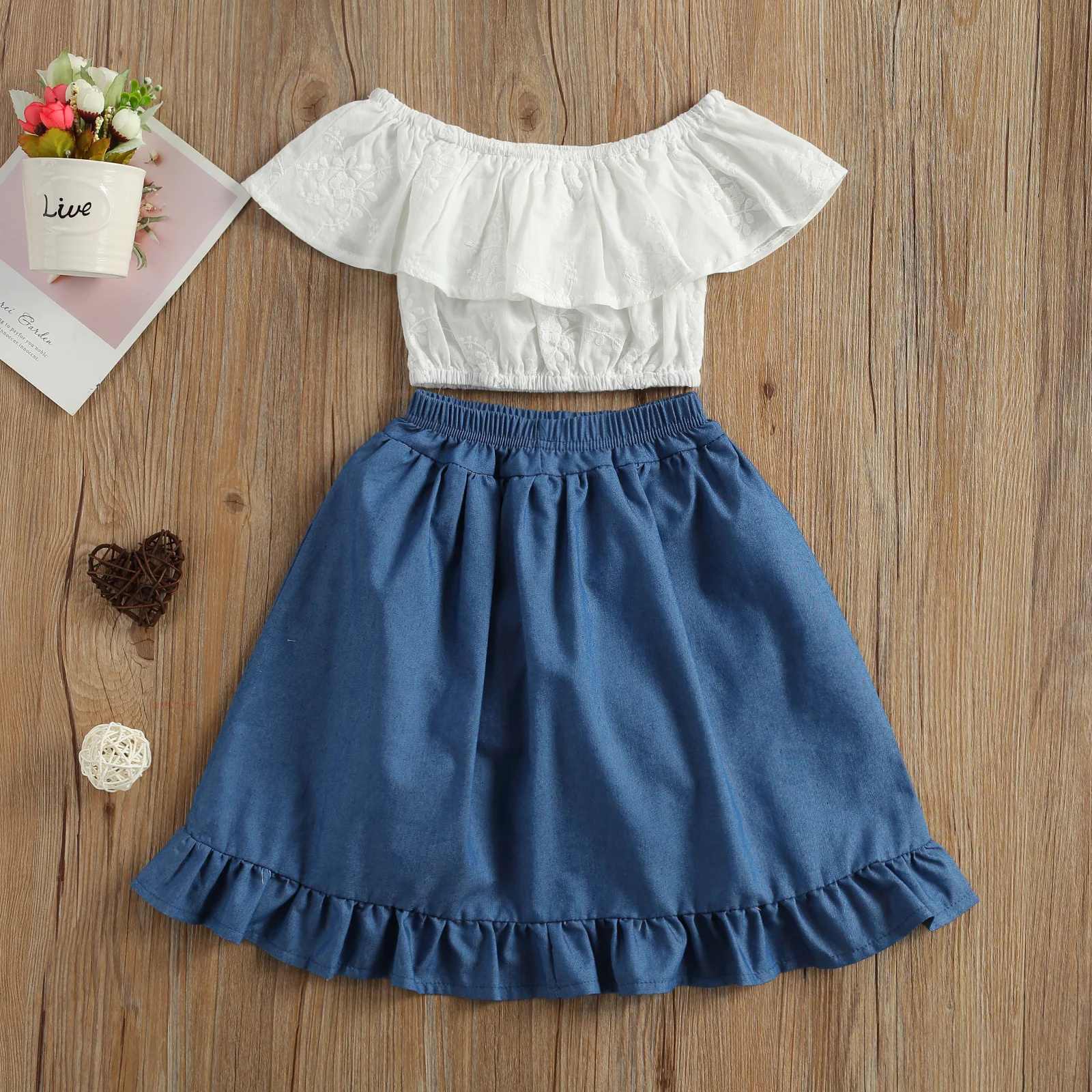 

Pudcoco 1-6Y Toddler Kid Baby Girl Summer 2Pcs Set Ruffled Round Neck Floral Embroidery Short Top+Denim Blue Ruffled Long Skirt