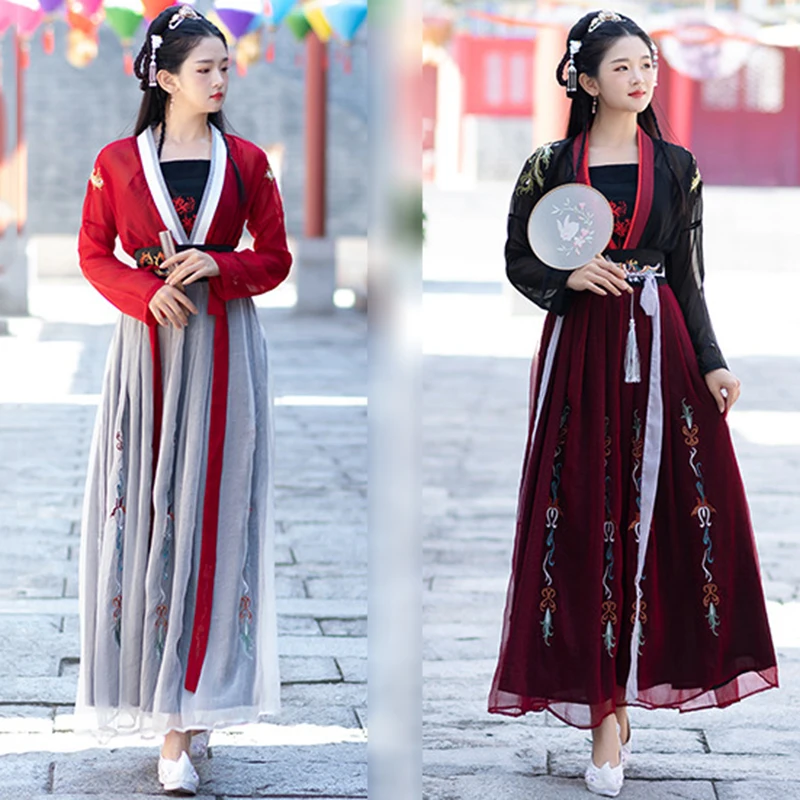 Элегантные красные Hanfu Китайская традиционная Для женщин хлопчатобумажный