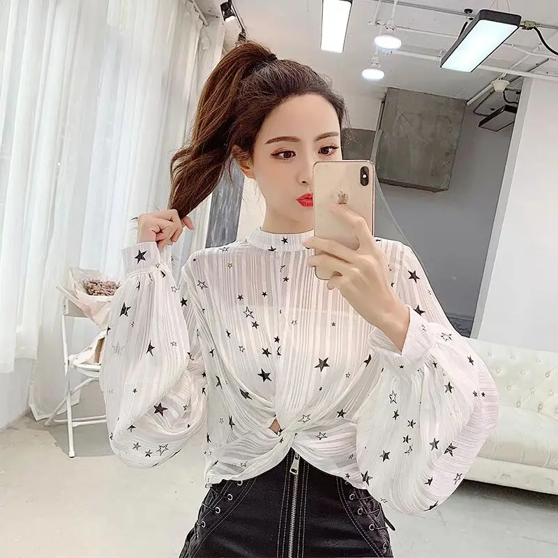 MUMUZI 2019 Осень Новая мода фонари рукава звезды печать короткий дизайн белая и