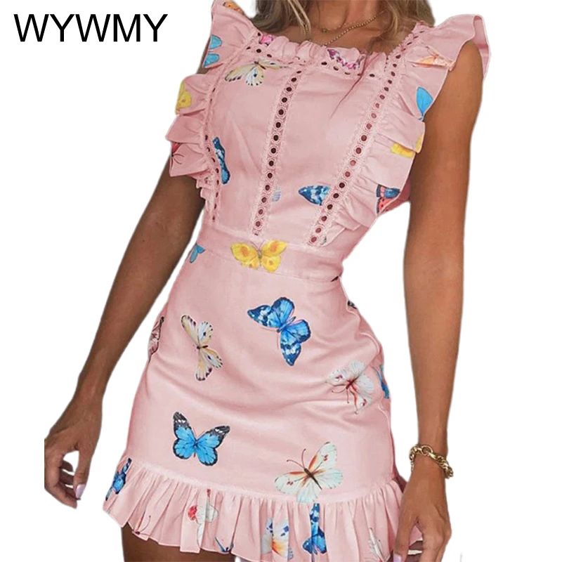 

WYWMY Summer Women Dress 2021 New Hollow Out Butterfly Print Frill Hem Dress Casual Short Sleeve Sweet Party Beach Mini Dress