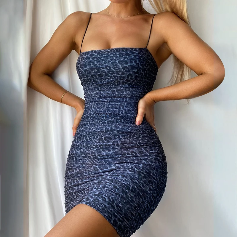 

Printing Mini Dresses Women Summer Sleeveless Spaghetti Strap Ruched Sexy Party Dress Female Skinny Elastics Clubwear