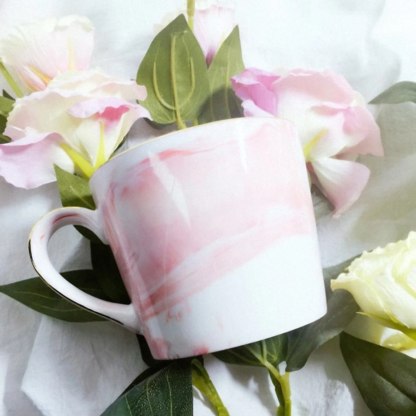 Marble Ceramic Mug Handpainted Gold Monogram Natural Marble Porcelain Coffee Mug Pink Gold Inlay Cup Creative Wedding Gift