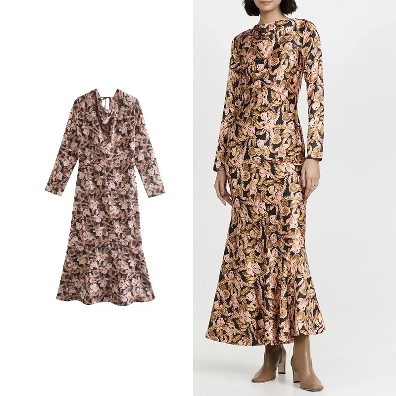 

TRAF Za 2021 Women Dresses Casual New Back Straps Printing Long Dress Woman Vintage Long Sleeve Female Party Dresses