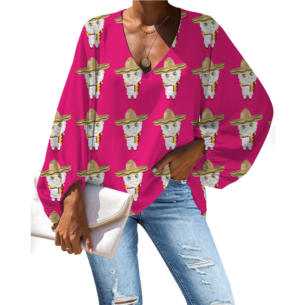 

NOISYDESIGNS Blouses Women 2020 Summer Loose Ladies Tops V-neck Long Sleeves Sexy Female Shirts Cute Alpaca Printed Blusas