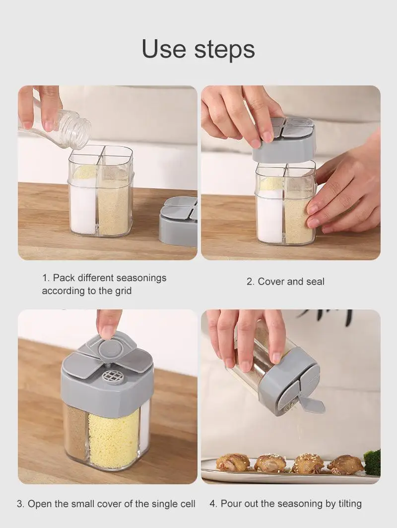

Household 4 In 1 Salt Pepper Shakers Spice Organizer Clamshell Seasoning Tank Jar Bottles Creative Kitchen Seasoning Container