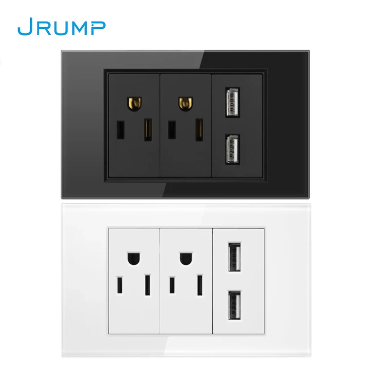 

US standard power wall socket AC100-240V 15A household socket 5V dual USB fast charge luxury tempered glass panel